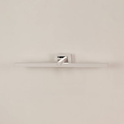 Silver metal picture light displayed on a white background with the light off highlighting its sleek design.