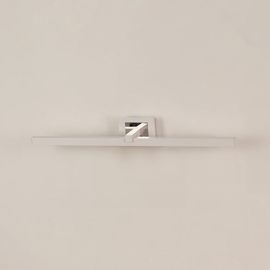 Silver metal picture light displayed on a white background with the light off highlighting its sleek design.