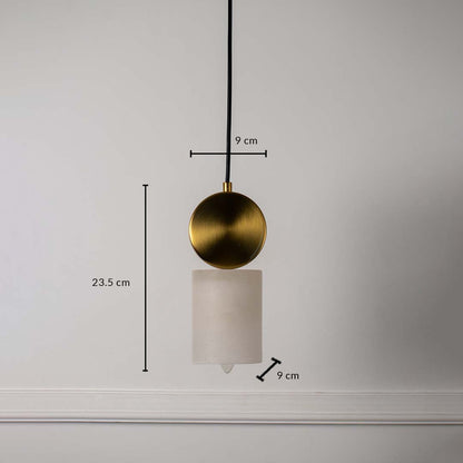 Gold pendant light with frosted glass shade shown on white background measuring 23.5cm height and 9cm width.