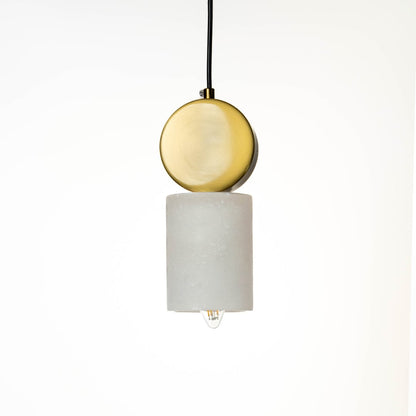 Gold pendant light with frosted cylindrical glass shade displayed off on black background for stylish interior decoration.