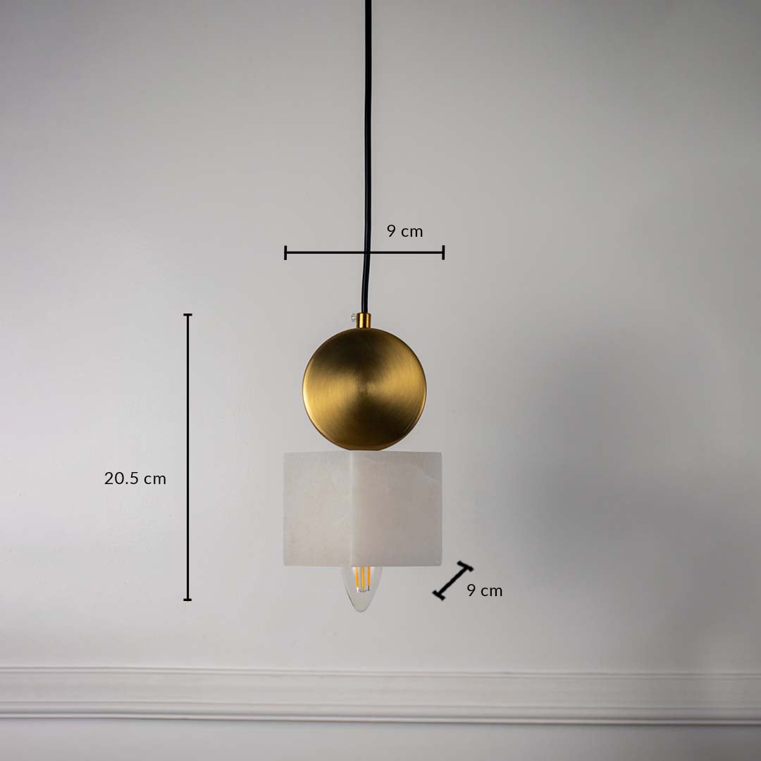 Dimension image of brushed brass pendant light with white fabric shade showing 20.5 cm height and 9 cm width.