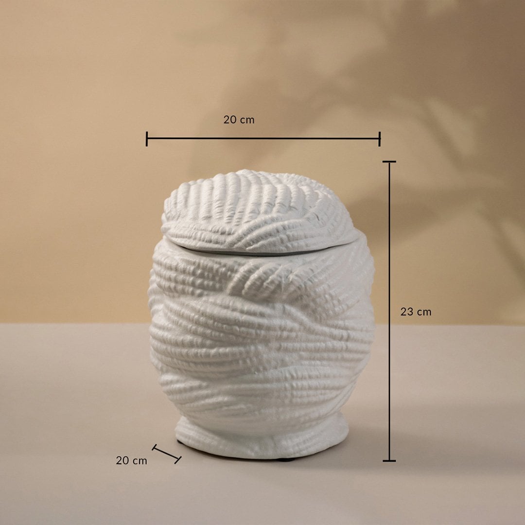 White textured ceramic vase with lid displayed on white background showing height 23 cm and width 20 cm for stylish tabletop decor.