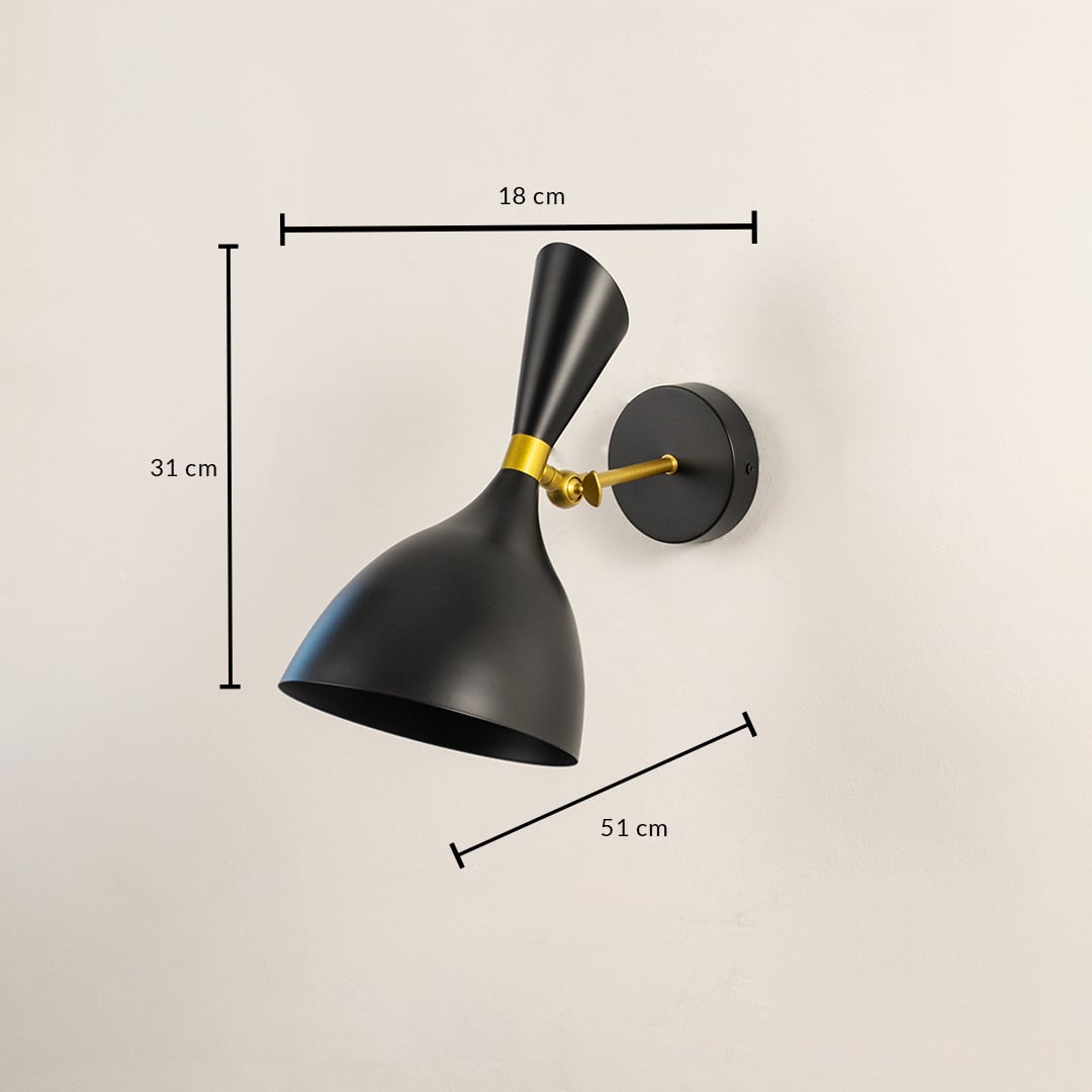 Contemporary black metal wall light measuring 31 cm height and 31 cm width for modern interiors.