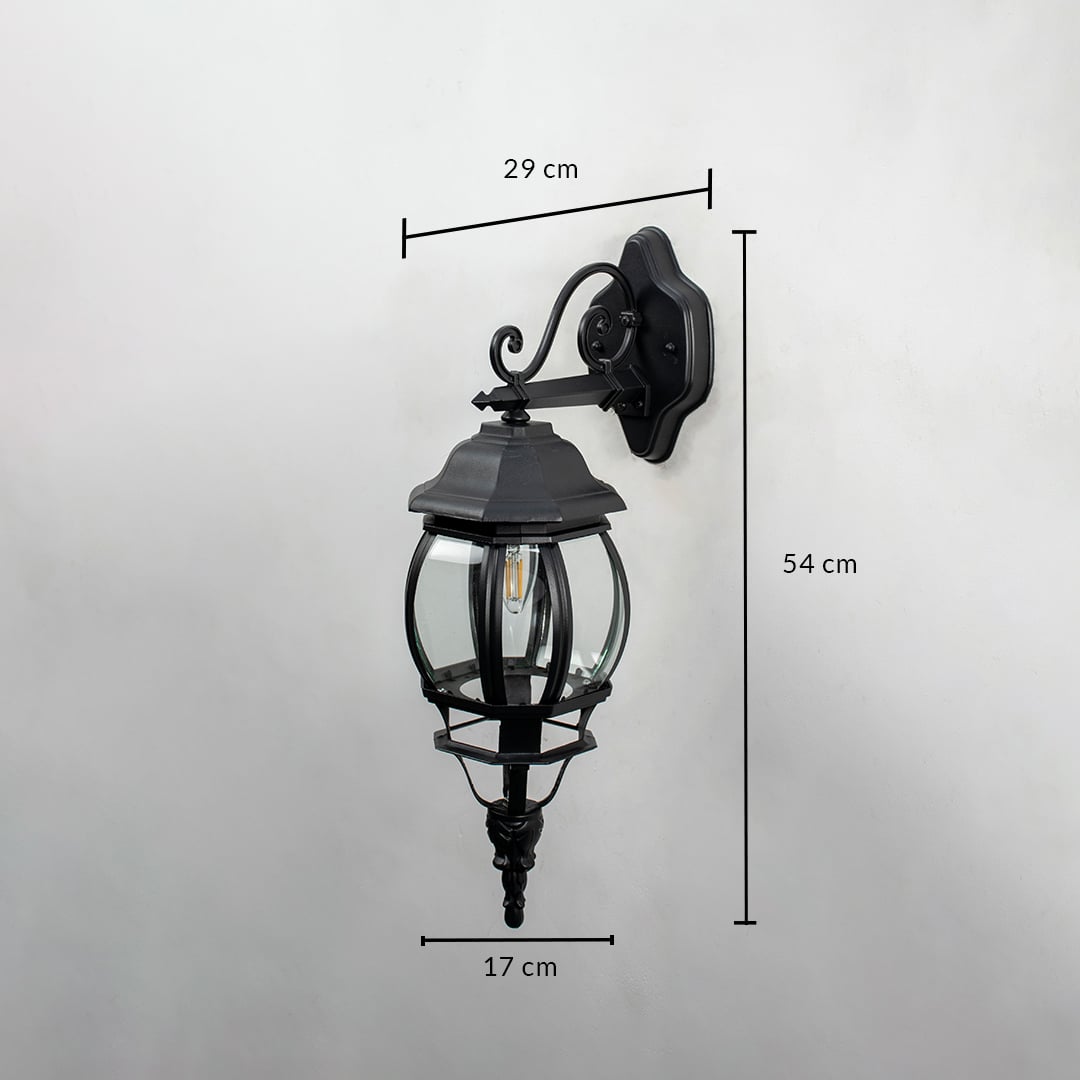 Black outdoor wall lantern 54cm height 17cm width downward facing dimension image showing vintage coach style exterior light.
