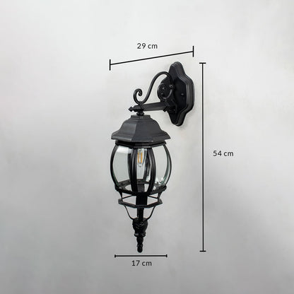 Black outdoor wall lantern 54cm height 17cm width downward facing dimension image showing vintage coach style exterior light.