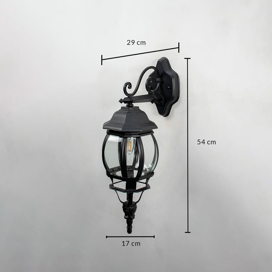 Black outdoor wall lantern 54cm height 17cm width downward facing dimension image showing vintage coach style exterior light.