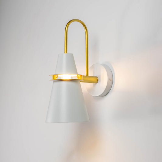 Modern white and brass wall light with cone shade for elegant contemporary interior lighting decor.