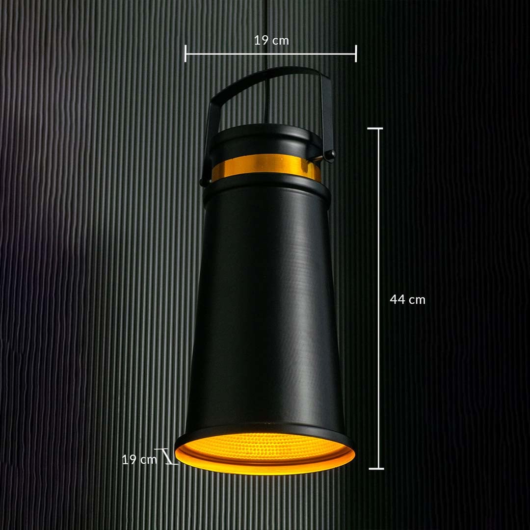 Black and gold pendant light displayed with dimensions clearly shown as 19 cm width 44 cm height and 19 cm depth against a dark backdrop.