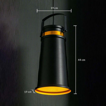 Black and gold pendant light displayed with dimensions clearly shown as 19 cm width 44 cm height and 19 cm depth against a dark backdrop.