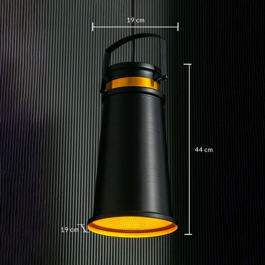 Black and gold pendant light displayed with dimensions clearly shown as 19 cm width 44 cm height and 19 cm depth against a dark backdrop.