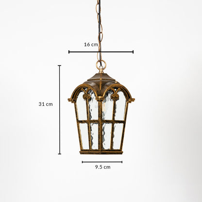 Vintage brass lantern light dimension image showing height 31 cm width 9.5 cm and top chain length 16 cm.