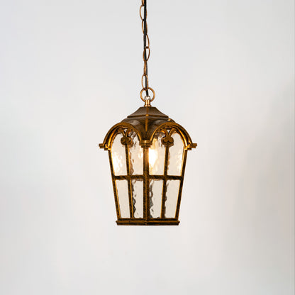 Vintage gold hanging outdoor lantern with clear glass panels for luxury exterior decor styling use.