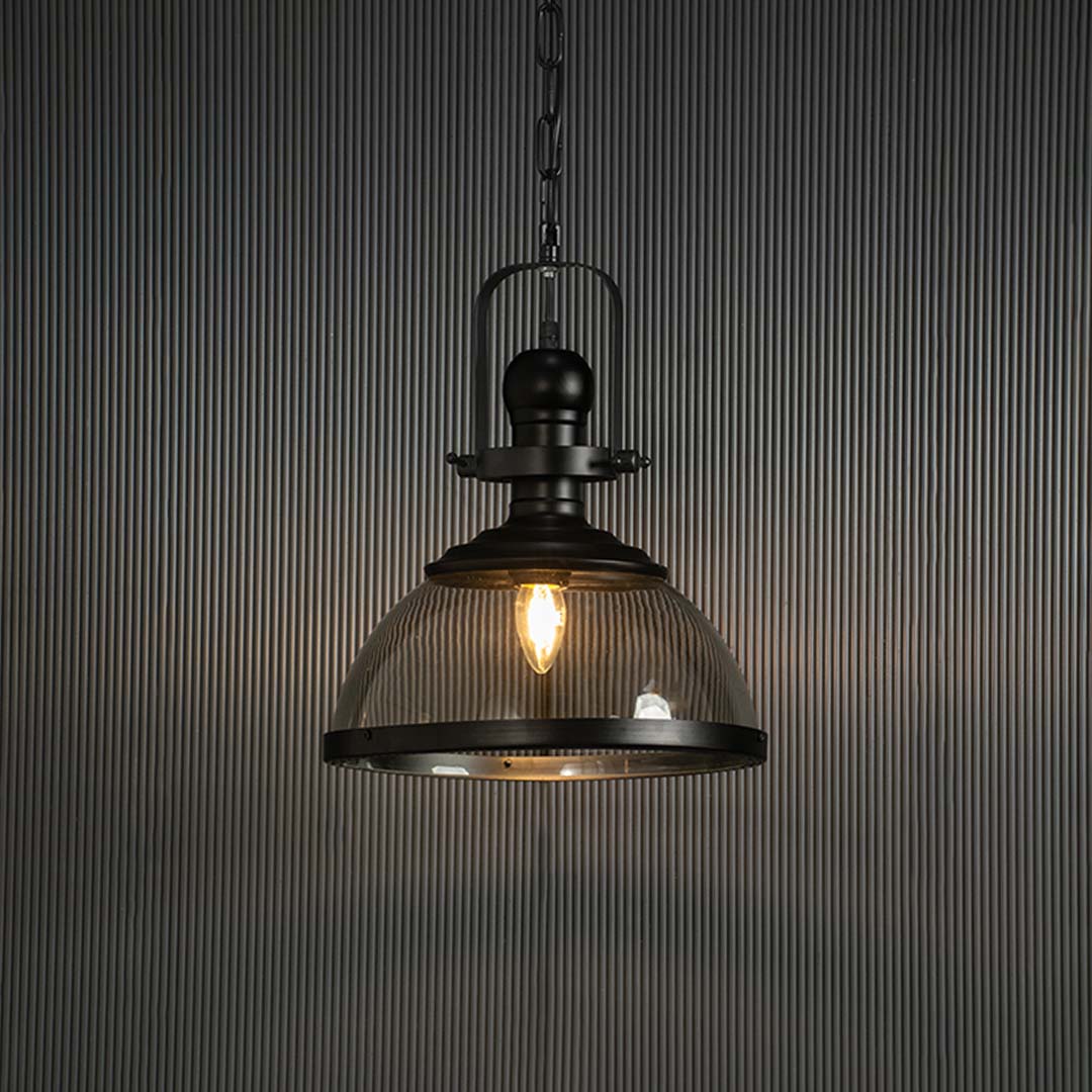Industrial Retro Pendant Light Glass Shade Light On Black Background