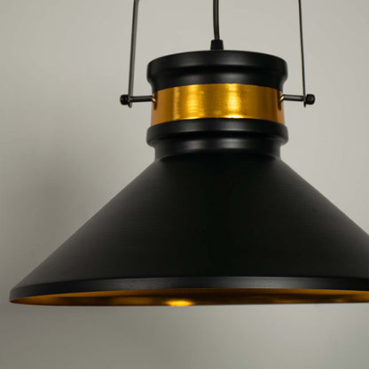 Closeup of black pendant light with detailed golden inner lining showing premium modern craftsmanship.
