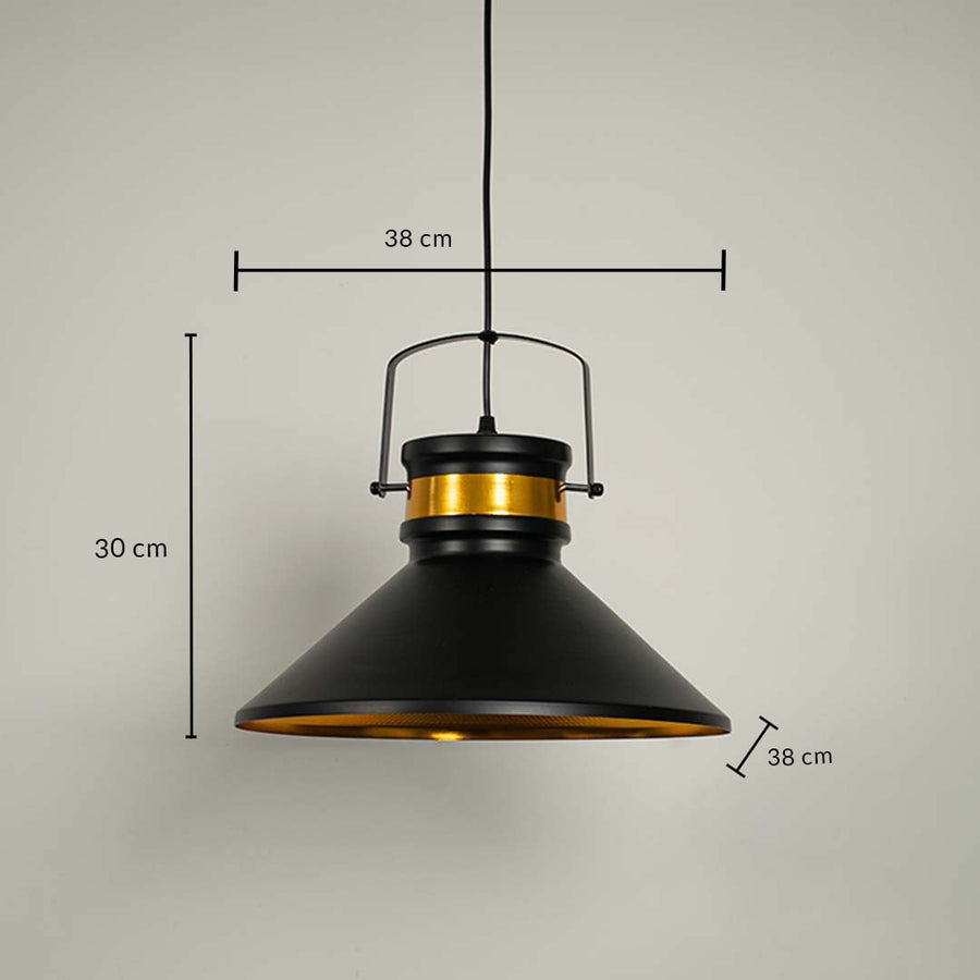 Black pendant light with golden interior shown with 30 cm height and 38 cm width for home lighting decor.