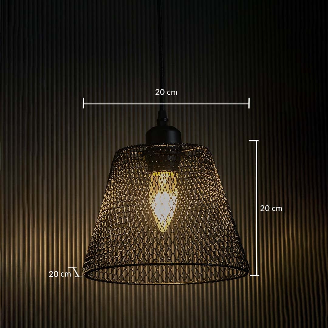 Black mesh pendant light with clear dimensions marked showing 20 cm height 20 cm width and 20 cm depth highlighting its structured tapered mesh design.