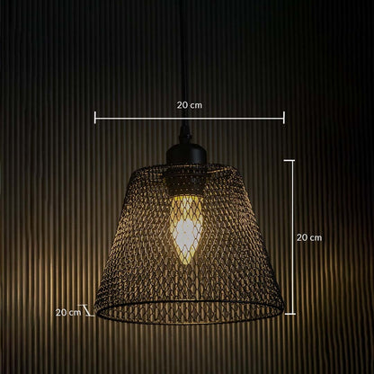 Black mesh pendant light with clear dimensions marked showing 20 cm height 20 cm width and 20 cm depth highlighting its structured tapered mesh design.
