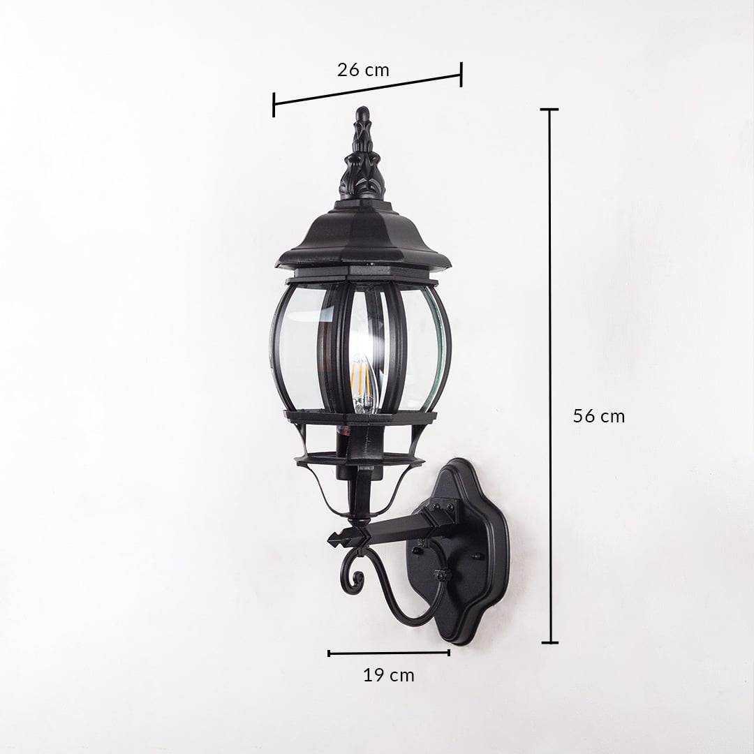 Black outdoor wall lantern 56cm height 19cm width upward facing dimension image showing vintage coach style exterior fixture.