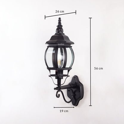 Black outdoor wall lantern 56cm height 19cm width upward facing dimension image showing vintage coach style exterior fixture.