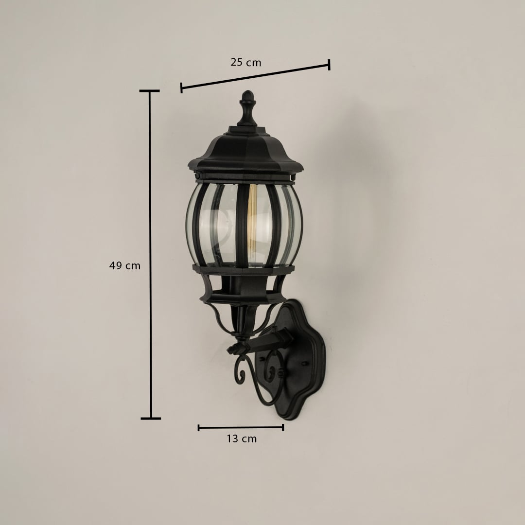Dimension image of black outdoor lantern showing height 49 cm width 25 cm and projection 13 cm from the wall surface area.