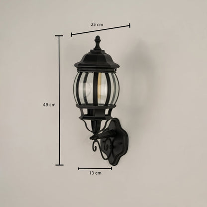 Dimension image of black outdoor lantern showing height 49 cm width 25 cm and projection 13 cm from the wall surface area.