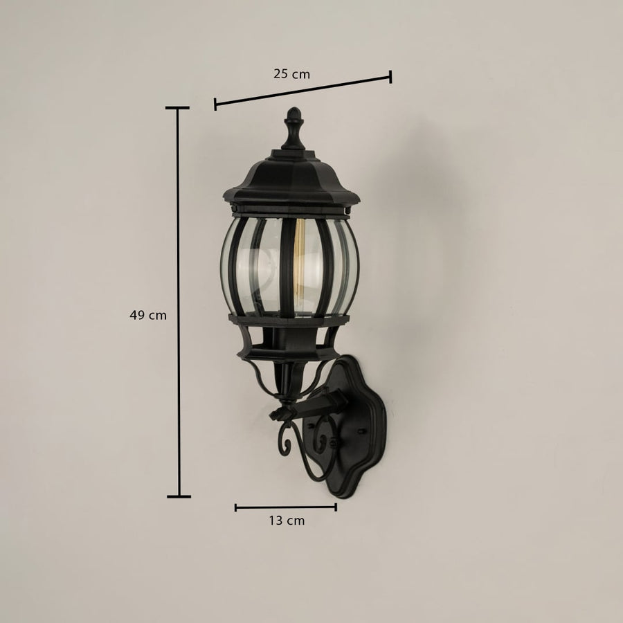 Dimension image of black outdoor lantern showing height 49 cm width 25 cm and projection 13 cm from the wall surface area.