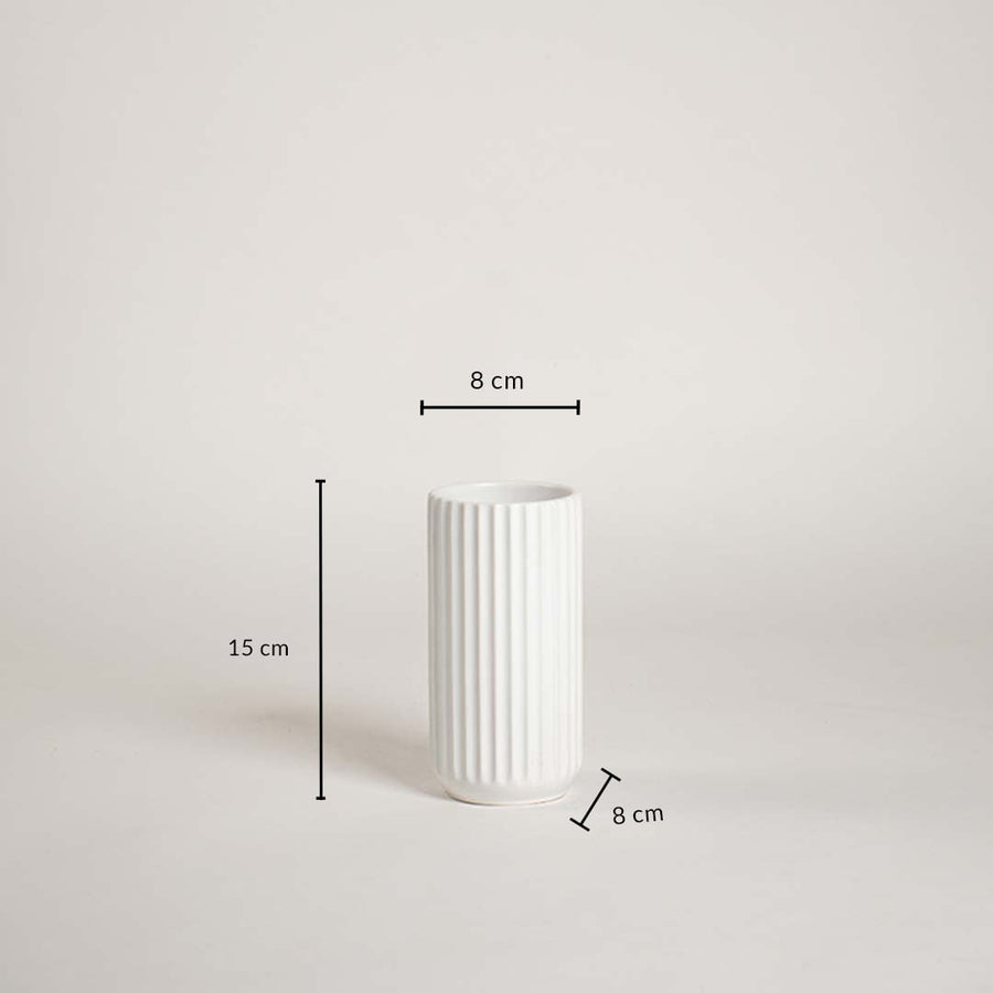 White ceramic vase shown with measurements 15 cm height and 8 cm width clearly presenting its ribbed texture and compact cylindrical form.