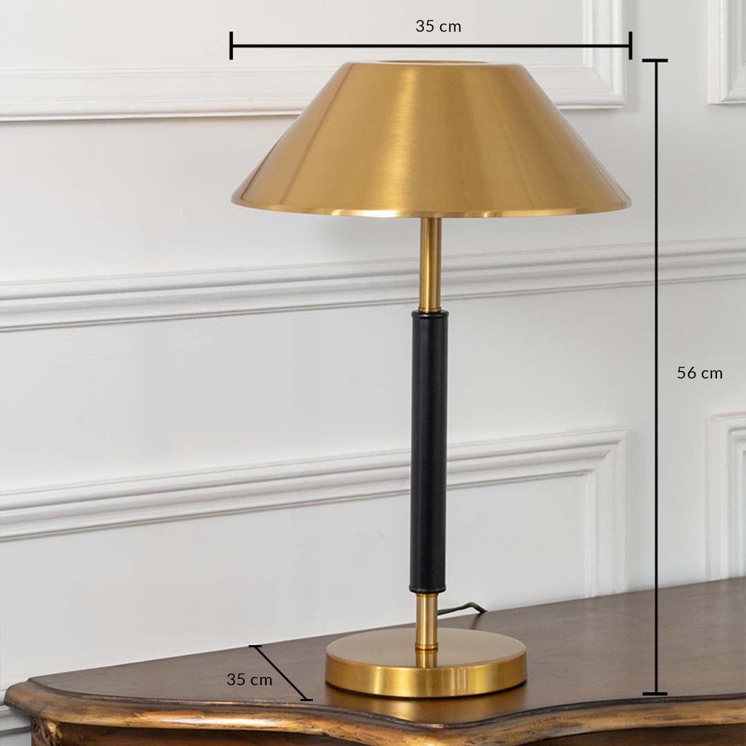 Gold metal table lamp measuring 56 cm height and 35 cm width for elegant modern lighting decor placement.
