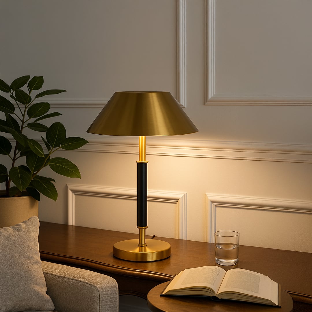 Gold metal table lamp with black stem and metallic shade for elegant modern lighting decor styling.
