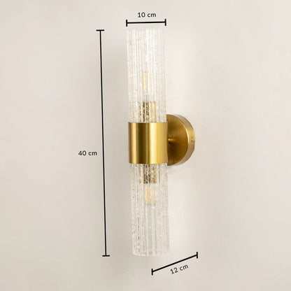 A gold wall light with textured cylindrical glass shades shown with full measurements displaying a height of 40 cm a width of 10 cm and a depth of 12 cm for precise installation.