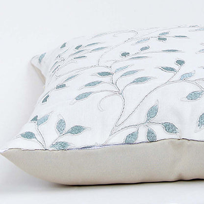 White cotton cushion cover with soft blue botanical leaf print for sofa bedroom and contemporary home decor styling.