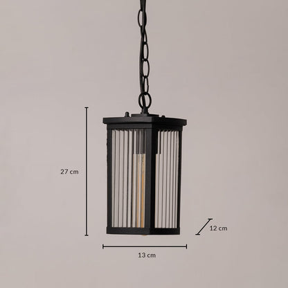 Black metal hanging lantern with ribbed glass sized 27 cm height 13 cm width and 12 cm depth for outdoor lighting.