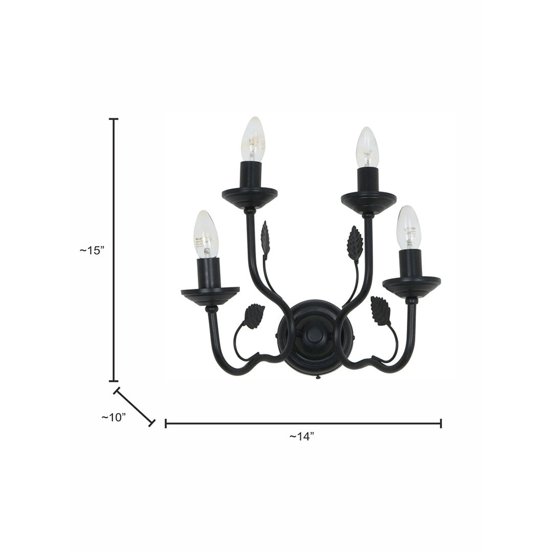 A black four light wall sconce displayed on a white background with dimensions showing a height of about fifteen inches width of about fourteen inches and depth of about ten inches.