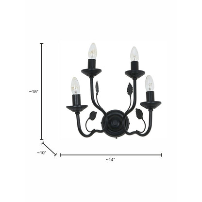 A black four light wall sconce displayed on a white background with dimensions showing a height of about fifteen inches width of about fourteen inches and depth of about ten inches.