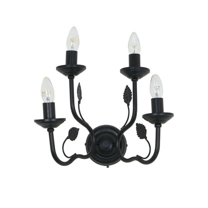 A black wall sconce with four bulbs turned off set against a white background showing its elegant curved metal arms and leaf inspired accents.