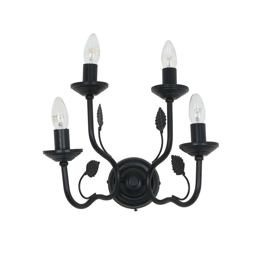 A black wall sconce with four bulbs turned off set against a white background showing its elegant curved metal arms and leaf inspired accents.
