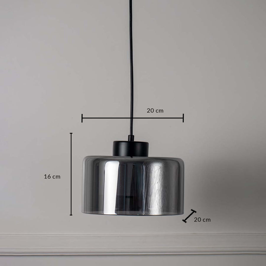 Smoked glass pendant light with black finish measured 20x16 cm modern ceiling lamp perfect for bedroom dining and living spaces.