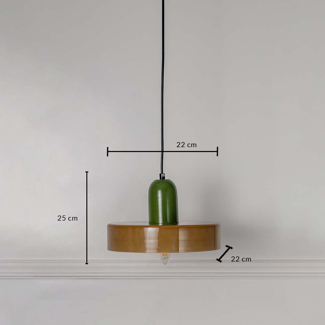 Dimension image of brass metal pendant light with green accent showing 25 cm height and 22 cm width.