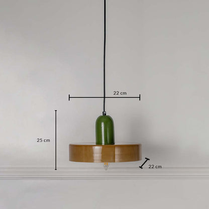 Dimension image of brass metal pendant light with green accent showing 25 cm height and 22 cm width.