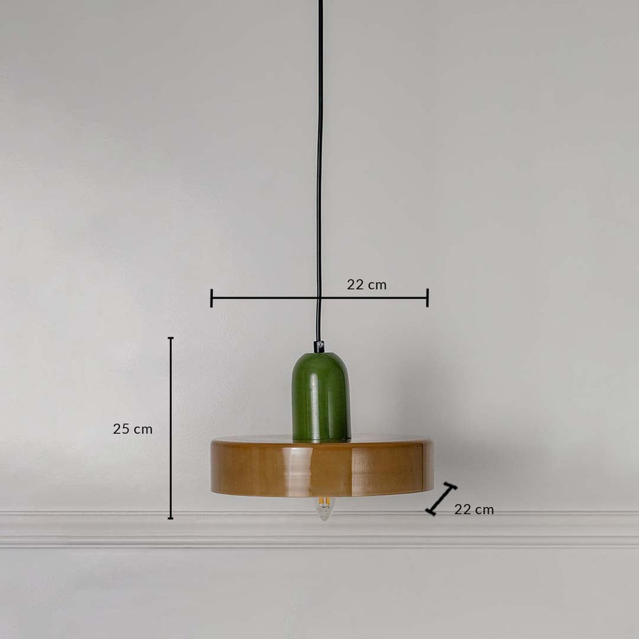 Dimension image of brass metal pendant light with green accent showing 25 cm height and 22 cm width.