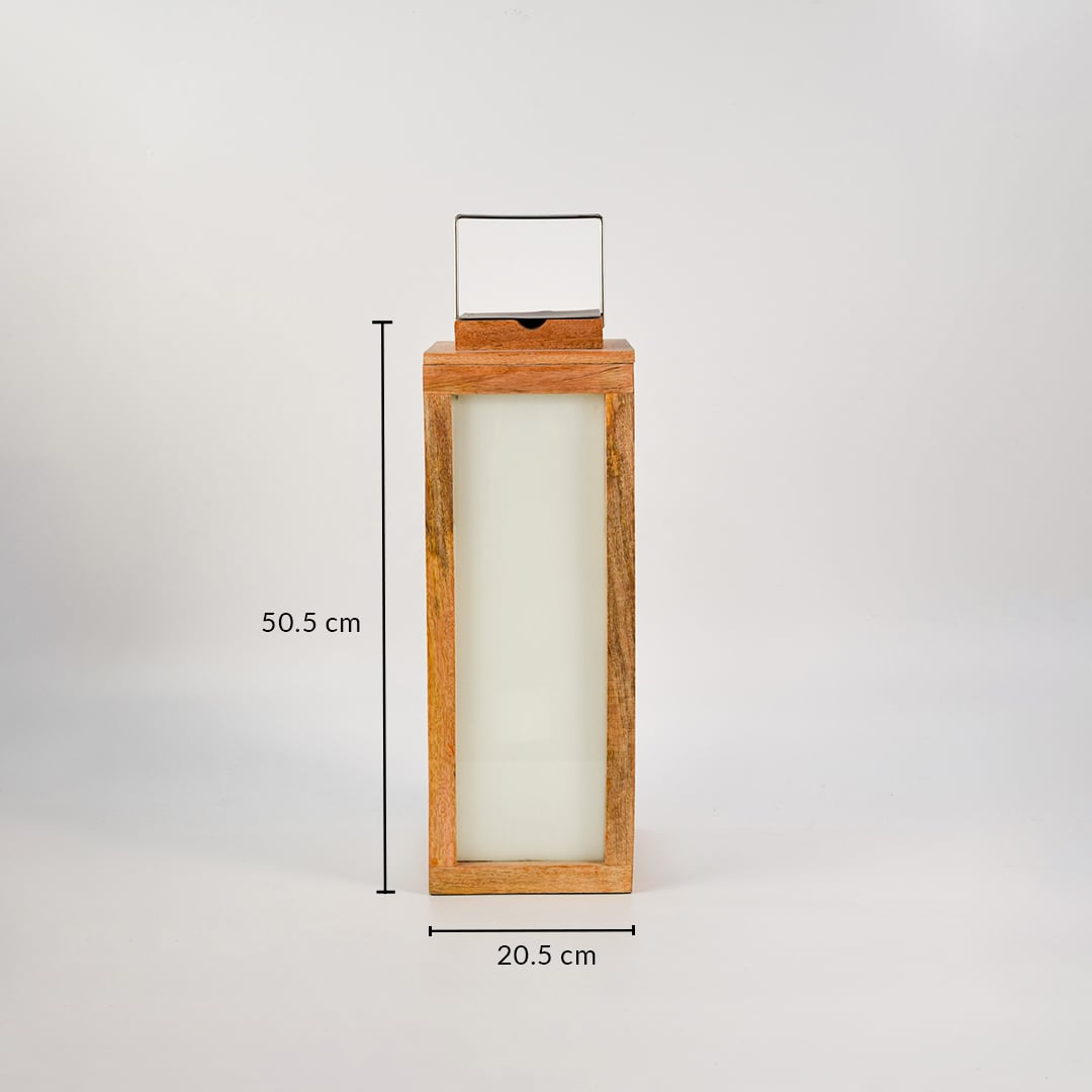 Wood lantern dimensions image showing height of 50.5 cm and width of 20.5 cm for size reference.