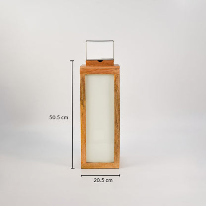 Wood lantern dimensions image showing height of 50.5 cm and width of 20.5 cm for size reference.