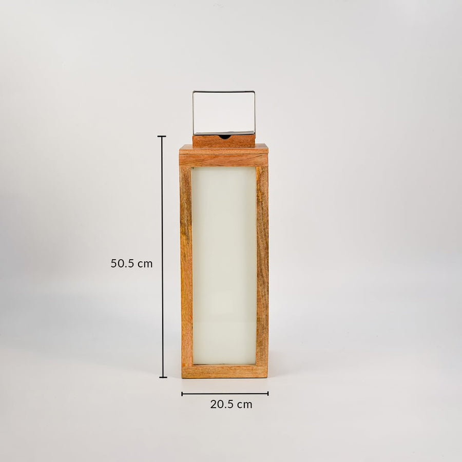 Wood lantern dimensions image showing height of 50.5 cm and width of 20.5 cm for size reference.