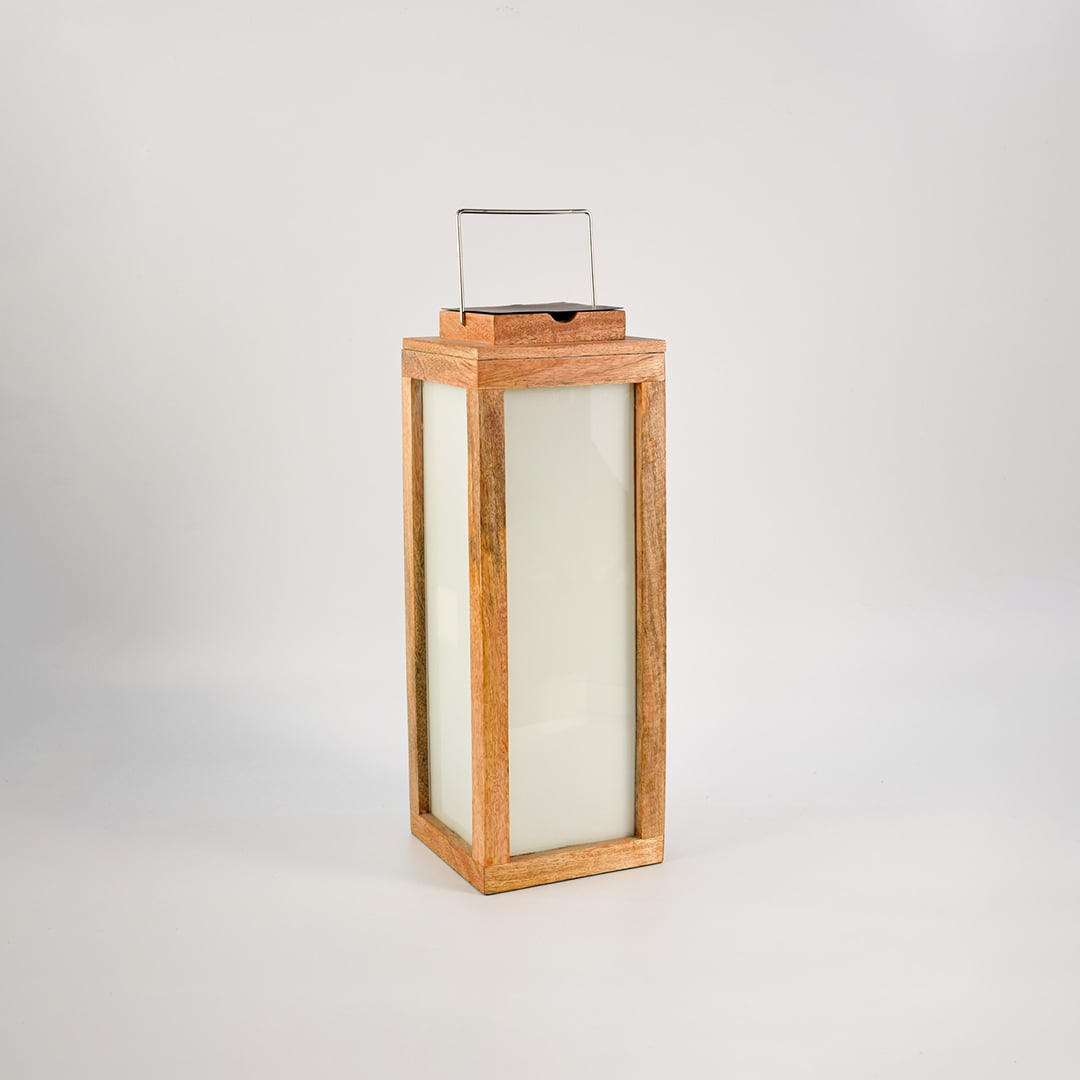 Elegant wood lantern on black background with lights off showing premium wood texture and glass finish.