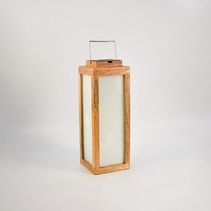 Elegant wood lantern on black background with lights off showing premium wood texture and glass finish.