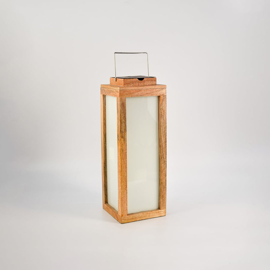 Elegant wood lantern on black background with lights off showing premium wood texture and glass finish.