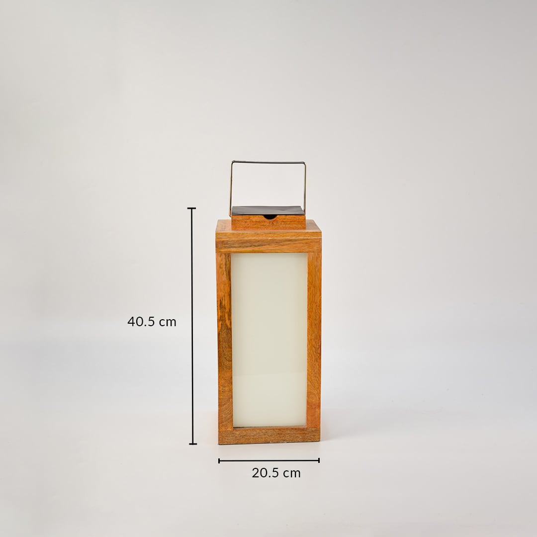 Wood lantern dimension image showing 40.5 cm height and 20.5 cm width — compact and stylish size for indoor or outdoor use.