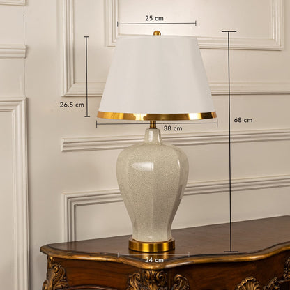White shade gold glass table lamp with visible size 65cm height and 25cm width on carved console table with light off for classic décor.