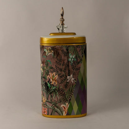 Botanical Bloom tall ceramic jar on plain white background emphasizing its round shape and vivid decorative pattern.