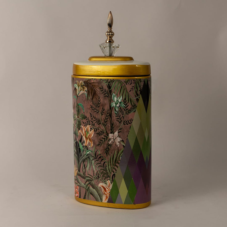 Side view of Botanical Bloom tall ceramic jar displaying the blend of floral artwork and geometric diamond design.